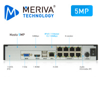 NVR H.265 8 CANALES IP 5MP MERIVA TECHNOLOGY MNVR-1688-8P / 8 POE / ONVIF / SALIDA 1 HDMI + 1 VGA SIMULTANEAS / P2P CLOUD / SO. N9000 / 1DD