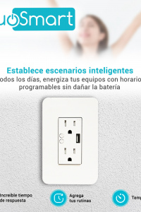 CONTACTO TOMACORRIENTE WIFI 2.4 GHZ DUOSMART A60 2 CONTACTOS Y 1 PUERTO USB PARA PARED MEDIDA ESTANDAR COMPATIBLE CON APP DUOSMART