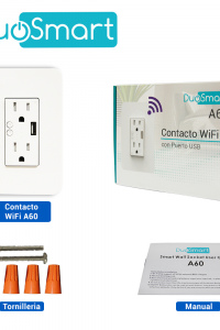 CONTACTO TOMACORRIENTE WIFI 2.4 GHZ DUOSMART A60 2 CONTACTOS Y 1 PUERTO USB PARA PARED MEDIDA ESTANDAR COMPATIBLE CON APP DUOSMART