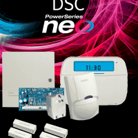 DSC NEO-ICON-SB - Paquete SERIE NEO con panel HS2032 de 8 zonas cableadas expandible a 32 / Teclado de Iconos HS2ICN / Sensor PIR LC-100- PI Cableado / 2 contactos SM433TQW cableados / Transformador / Gabinete GTVCMX003 / Sin Batería/