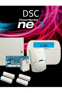DSC NEO-ICON-SB - Paquete SERIE NEO con panel HS2032 de 8 zonas cableadas expandible a 32 / Teclado de Iconos HS2ICN / Sensor PIR LC-100- PI Cableado / 2 contactos SM433TQW cableados / Transformador / Gabinete GTVCMX003 / Sin Batería/