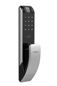 COMMAX CDL210P - Cerradura biométrica con verificación por huella, teclado touch para validación por password y tarjetas Mifare, Llave mecánica, soporta hasta 100 usuarios