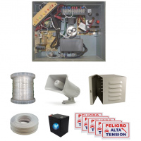 YONUSA PACK127AF -Paquete de energizador de alta frecuencia con interface/ Sirena y gabinete metálico/ Bobina de alambre 500 mts/ Bobina cable bujía/ batería y 5 letrero