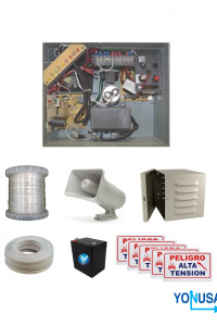YONUSA PACK127AF -Paquete de energizador de alta frecuencia con interface/ Sirena y gabinete metálico/ Bobina de alambre 500 mts/ Bobina cable bujía/ batería y 5 letrero
